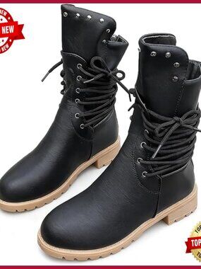 Leather Side Lace Up Chunky Heel Ankle Boots Combat Motorcycle Riding Boots